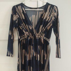 BCBG Maxazria navy dress tan black stripes